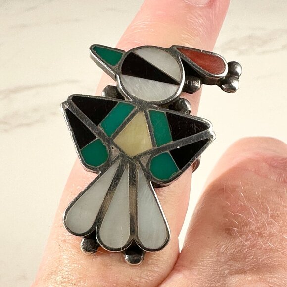 Early Vintage Zuni Native American Bird Ring Inlaid Gemstones Size 5 - Picture 13 of 13
